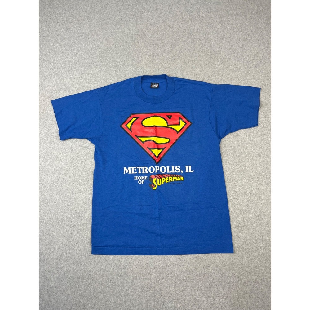 Vintage Superman Shirt Mens L Blue Metropolis IL‎ Made USA 92 Single Stitch